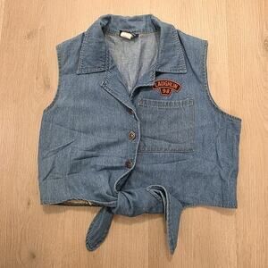 Vintage Sportswear Sleeveless Denim Button Up Y2K Grunge Western Tie Shirt Sz L